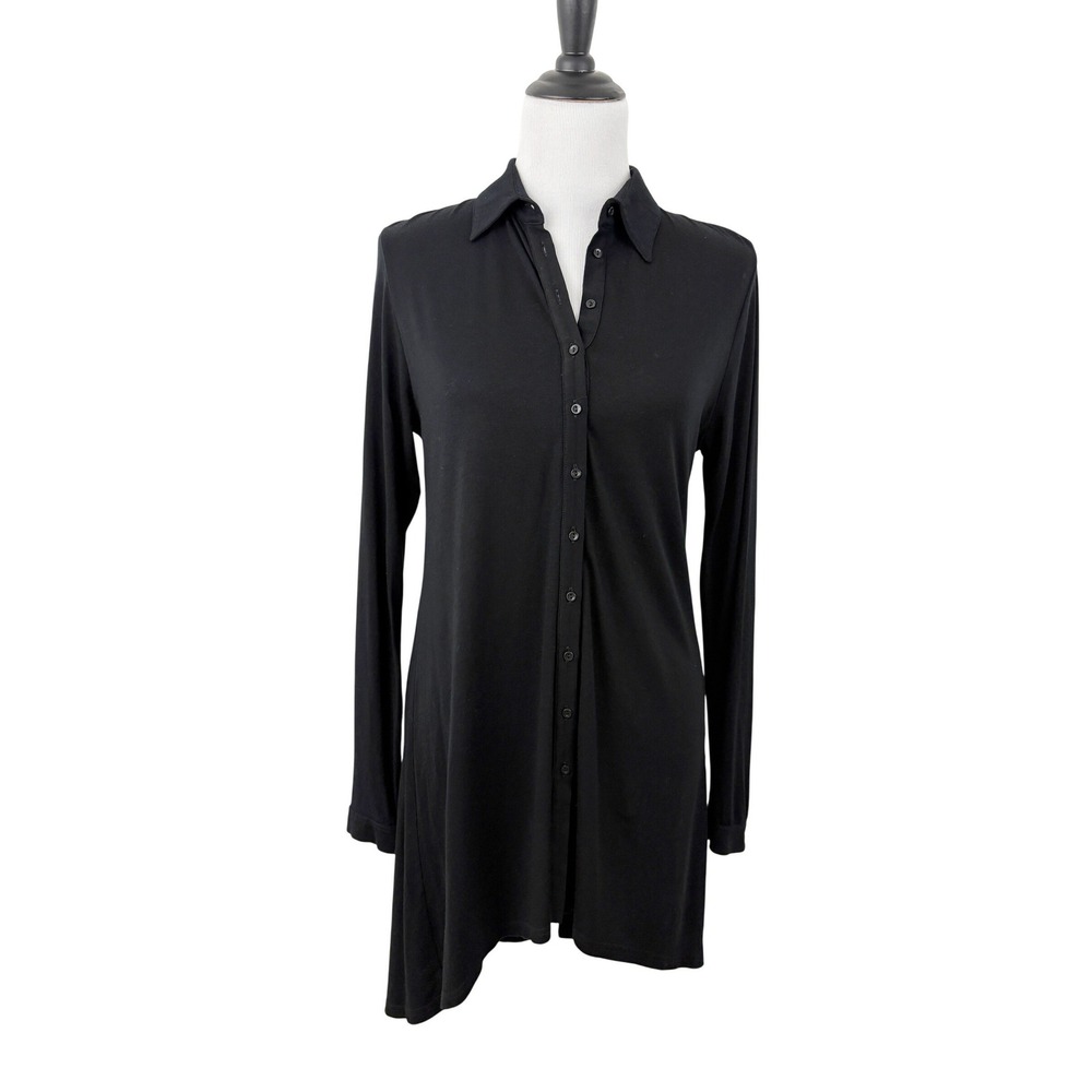 Anne Fontaine Melody Long Sleeve Button Up Tunic Shirt Size 40 Black Hi-low Hem